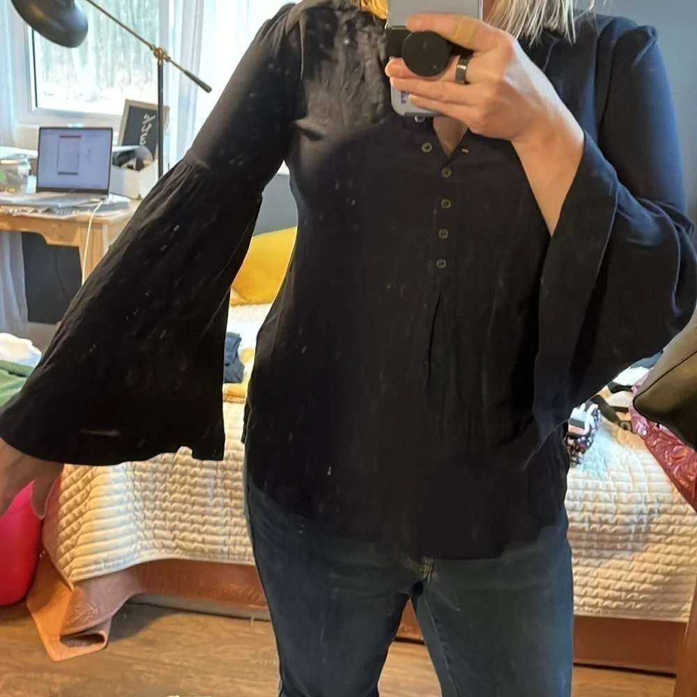Free People Oversized Bell Sleeve Henley Top Navy